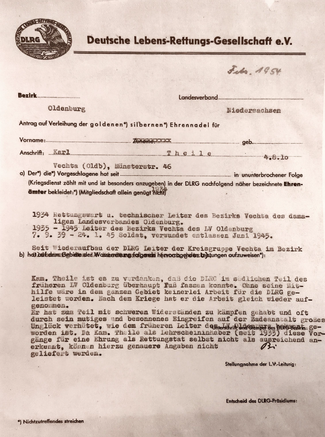 Antrag auf Verleihung der goldenen Ehrennadel für Karl Theile von 1954