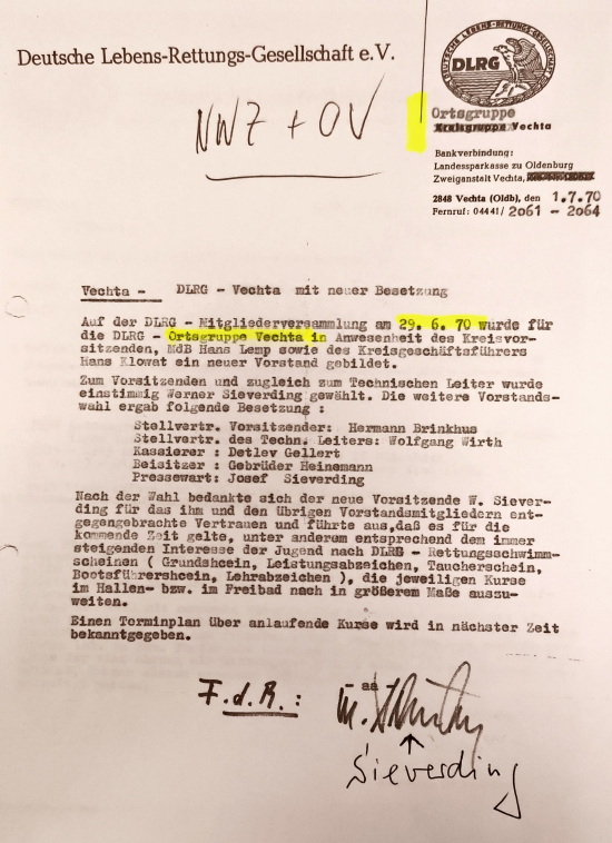 Protokoll der ersten Mitgliederversammlung der Ortsgruppe Vechta am 29.06.1970